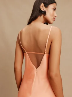 abricot - Robe longue de demoiselle d’honneur en satin à col bénitier pour mariage