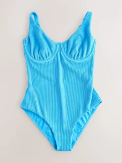 Aqua bleu froissé - Maillot de bain DD+ à armatures avec contrôle du ventre