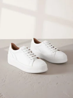 Blanc - Baskets Signature haut de gamme à lacets et semelle épaisse compensées en cuir