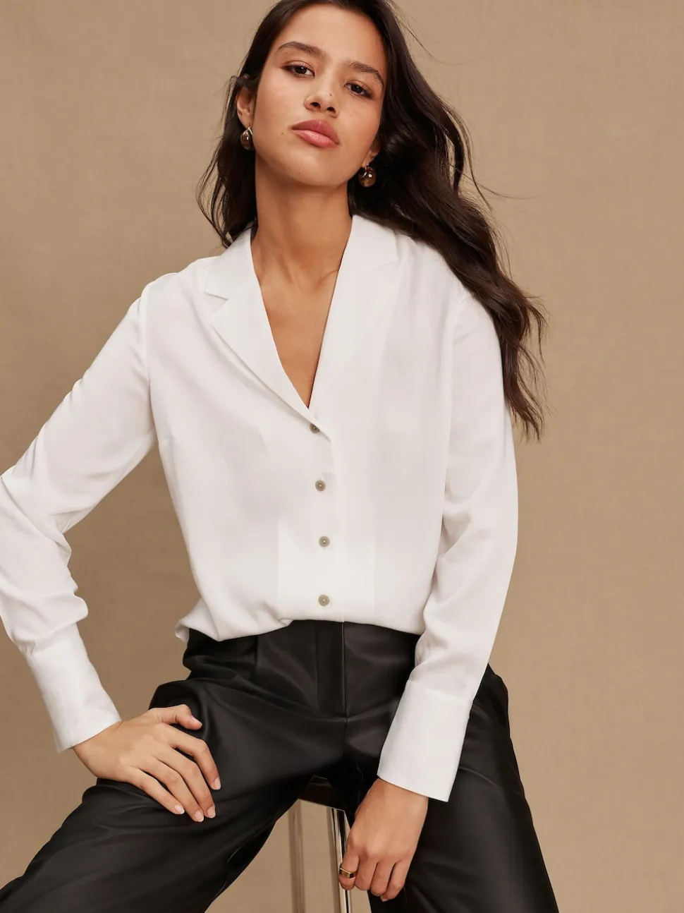 Blanc - Chemise à manches longues à col doux Revere
