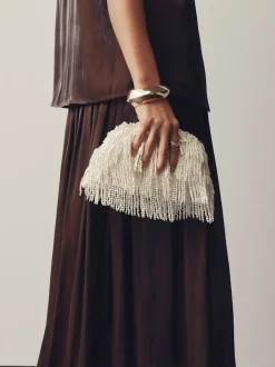 Blanc - Pochette à franges avec ornements effet perle
