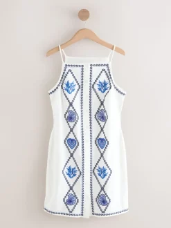 Blanc - Robe droite courte brodée en lin