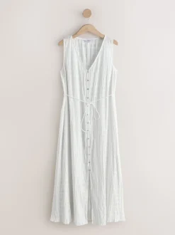 Blanc - Robe longue sans manches boutonnée ceinturée