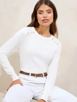 Blanc ivoire - Pull Lipsy à col rond boutonné en maille festonnée