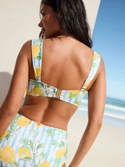 Blanc/bleu à rayures en piqué et imprimé citron - Haut de bikini bandeau filaire