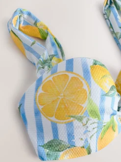 Blanc/bleu à rayures en piqué et imprimé citron - Haut de bikini bandeau filaire