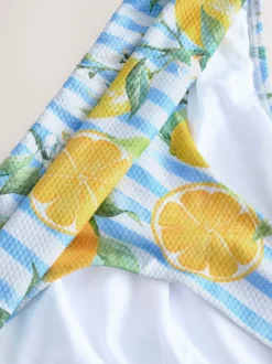 Blanc/bleu à rayures en piqué et imprimé citron - Bas de bikini à volants