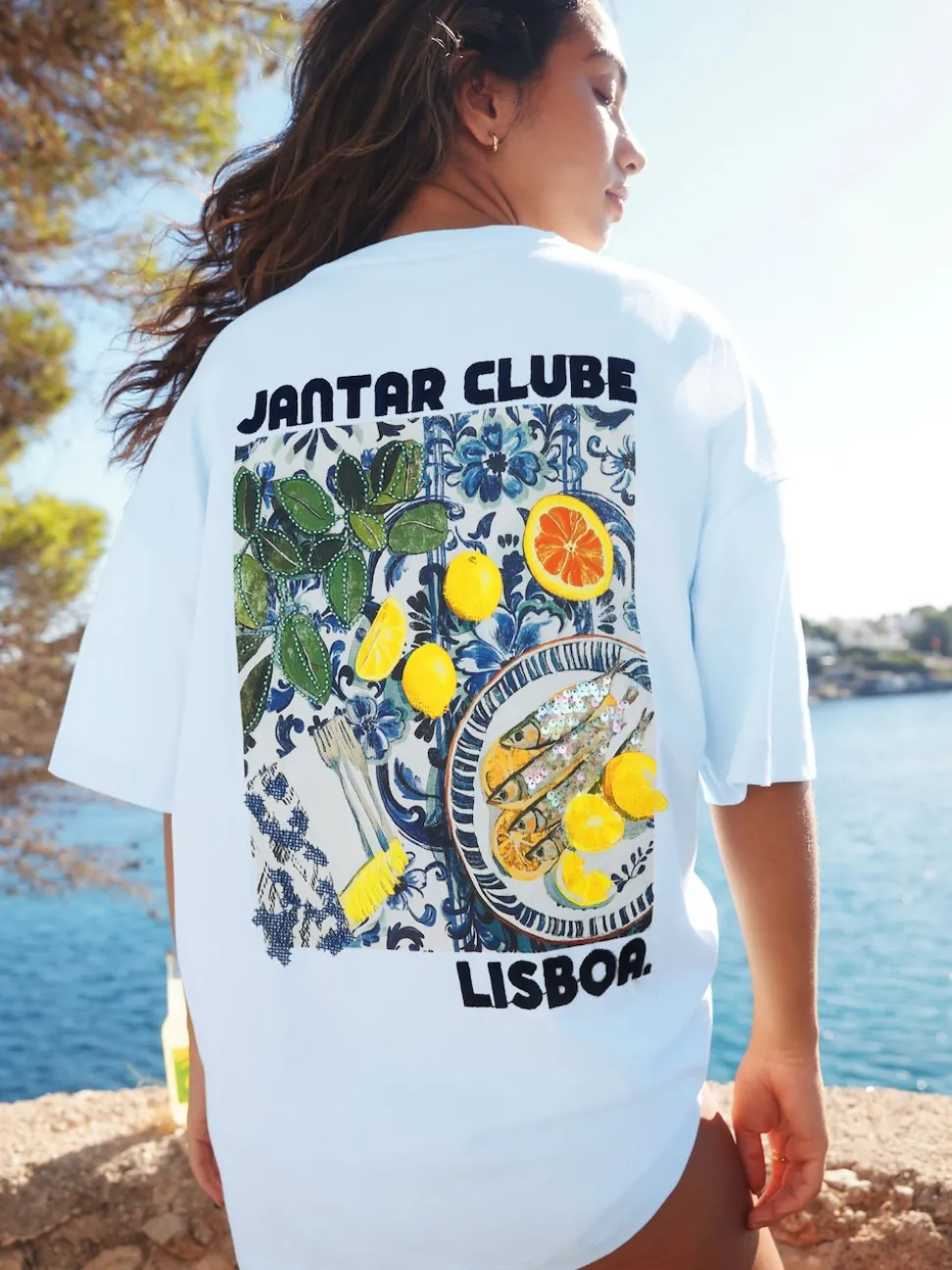 Blanc/Bleu - T-shirt de plage imprimé graphique