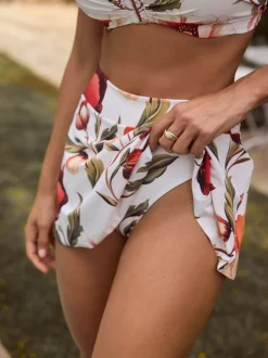 Blanc/Rouge Fleuri - Bas de bikini jupe de bain