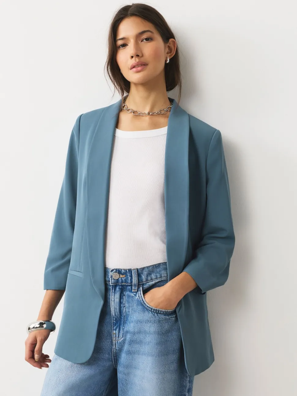 Bleu - Blazer décontracté à manches froncées