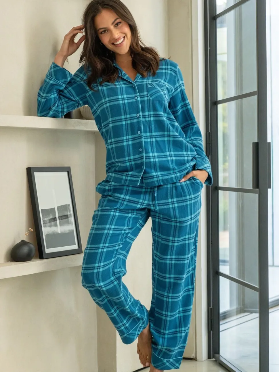 Bleu - Coffret cadeau Pour Moi pyjama en coton brossé à carreaux confortables