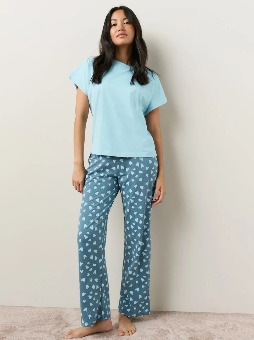 Bleu à imprimé cœur - Pyjama à manches courtes