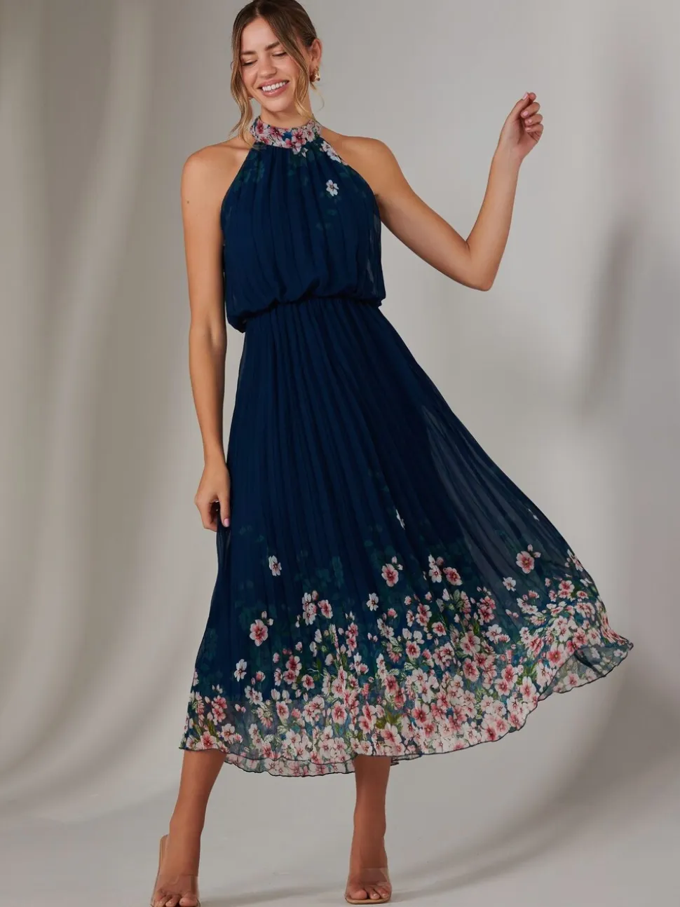 Bleu - Jolie Moi Plissé Halterneck Robe longue