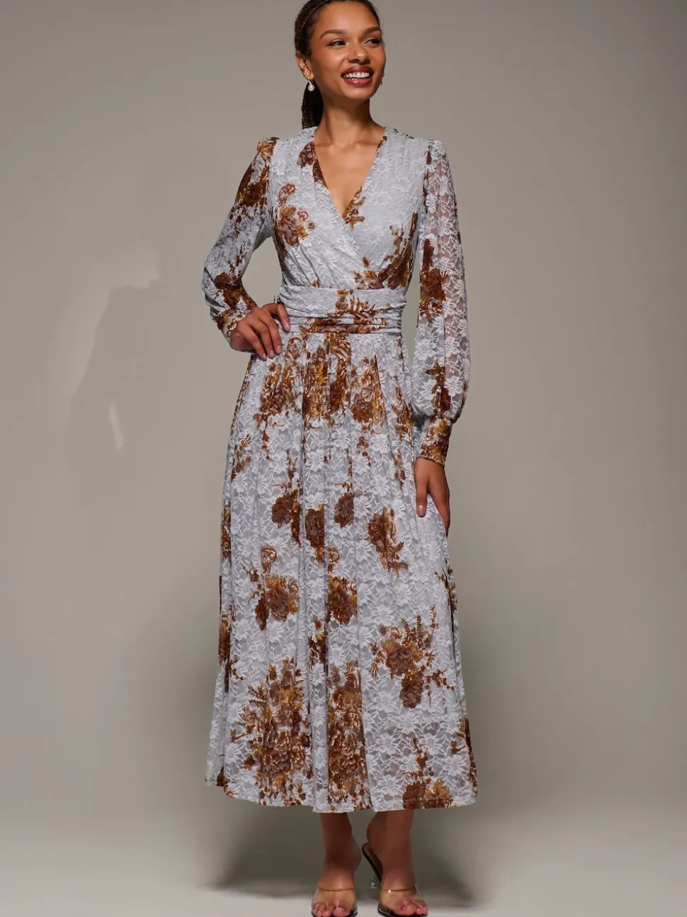 Bleu - Jolie Moi Robe Midaxi en dentelle imprimée à manches longues