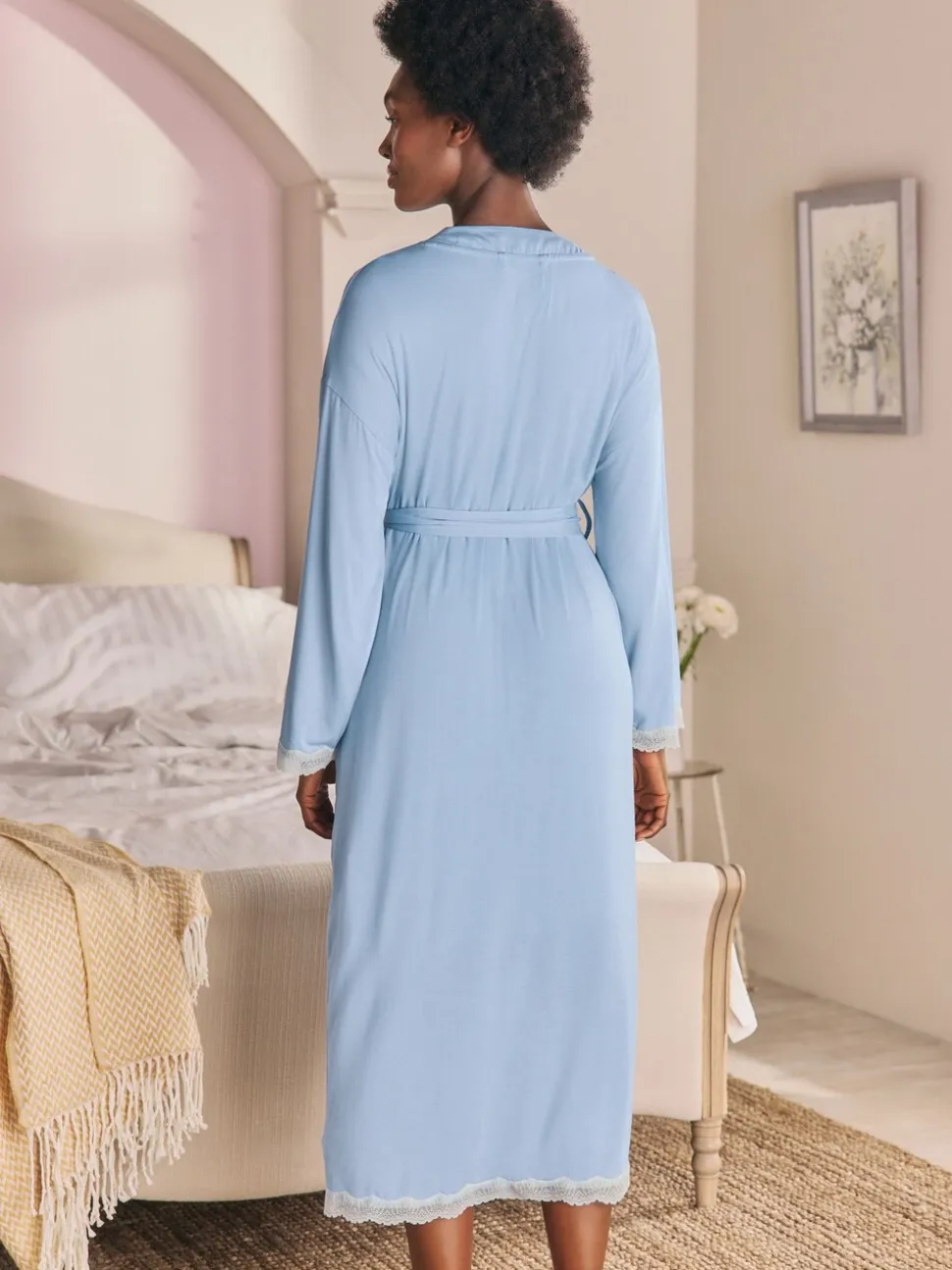 Bleu - Peignoir Laura Ashley en modal bordé de dentelle