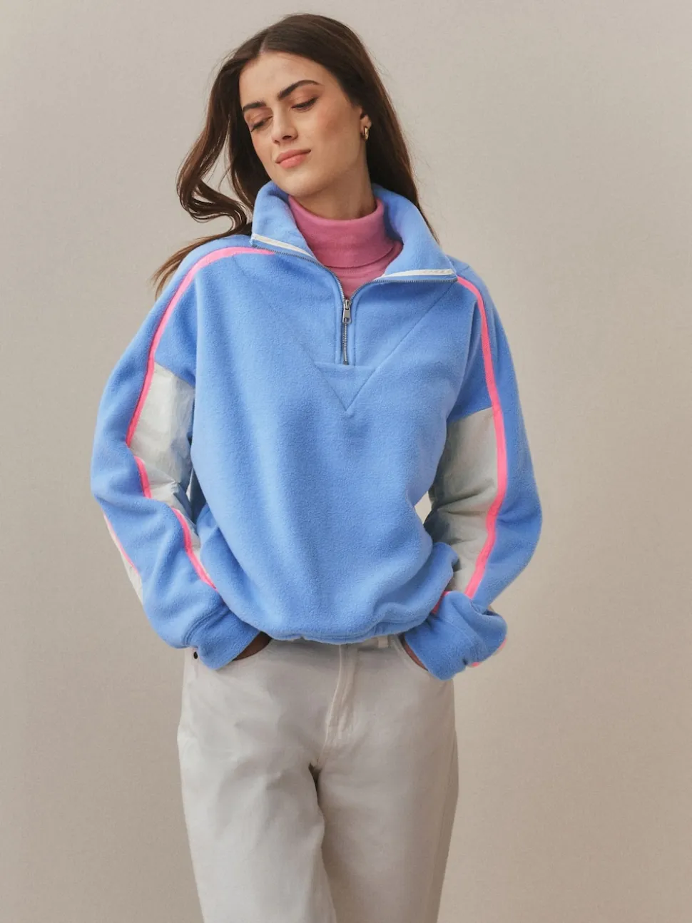 Bleu - Polaire à demi-zippée avec panneaux color block