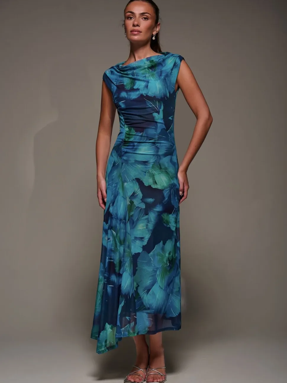 Bleu - Robe longue Jolie Moi en maille froncée à col coupé