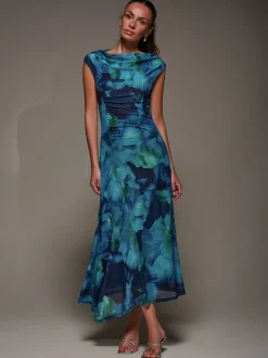 Bleu - Robe longue Jolie Moi en maille froncée à col coupé