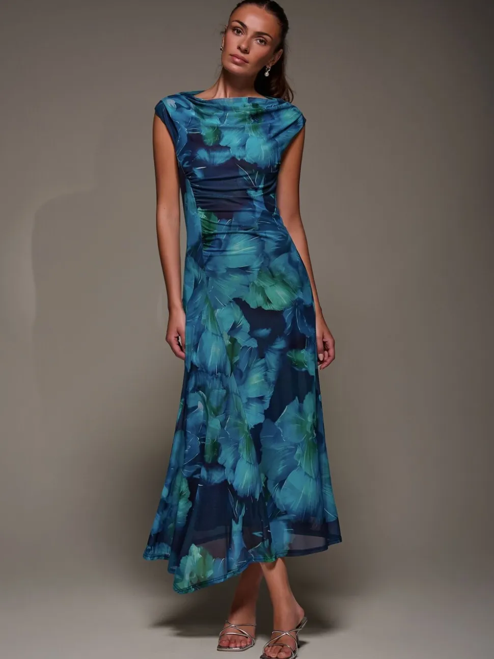 Bleu - Robe longue Jolie Moi en maille froncée à col coupé