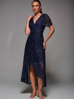 Bleu - Robe longue Jolie Moi à manches ange à sequins et ourlet à volants