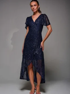 Bleu - Robe longue Jolie Moi à manches ange à sequins et ourlet à volants