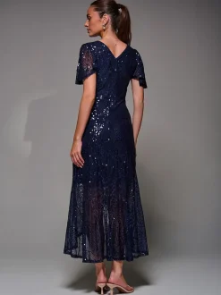 Bleu - Robe longue Jolie Moi à manches ange à sequins et ourlet à volants