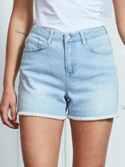 Bleu - Sosandar Shorts en Jean à bords bruts
