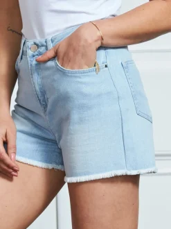 Bleu - Sosandar Shorts en Jean à bords bruts