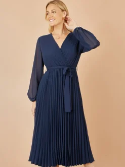 Bleu - Yumi Robe mi-longue enveloppante plissée avec manches longues transparentes