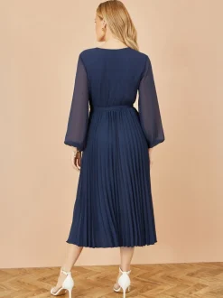 Bleu - Yumi Robe mi-longue enveloppante plissée avec manches longues transparentes