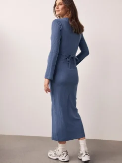 Bleu clair - Robe côtelée à col en V cravatée dans le dos