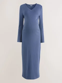 Bleu clair - Robe côtelée à col en V cravatée dans le dos