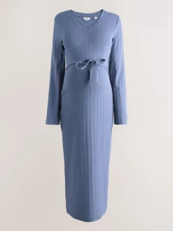 Bleu clair - Robe côtelée à col en V cravatée dans le dos