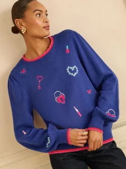 Bleu cobalt - Love & Roses pull en maille brodée