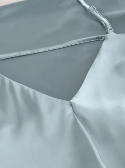Bleu crépuscule - Robe longue de demoiselle d’honneur en satin à col bénitier pour mariage