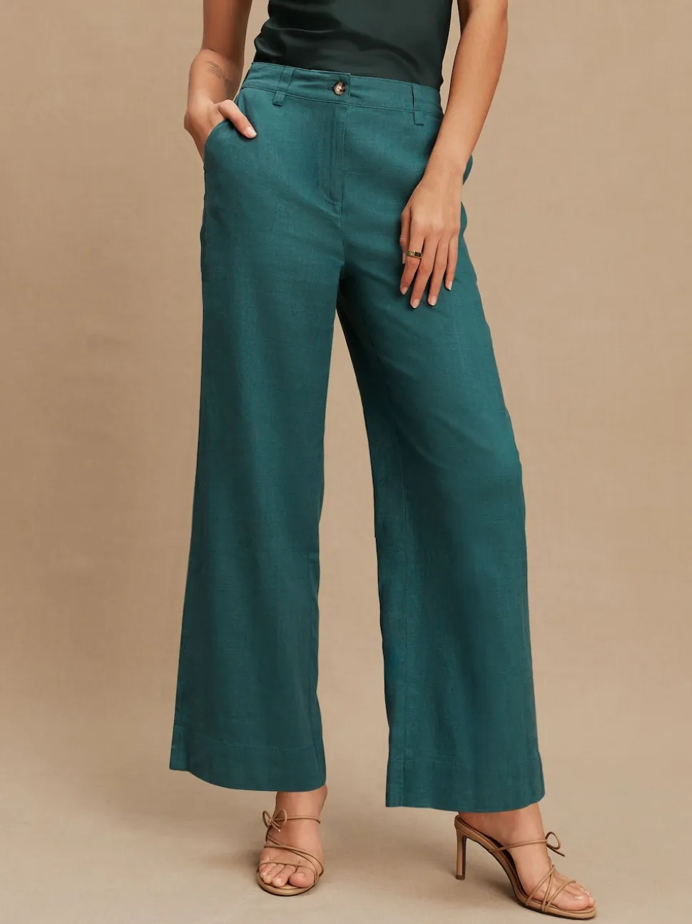 Bleu de sarcelle - Pantalons intelligents à jambe large en lin Blend