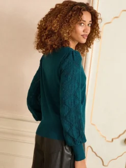Bleu de sarcelle - Pull Love & Roses Bobble Stitch en maille festonnée