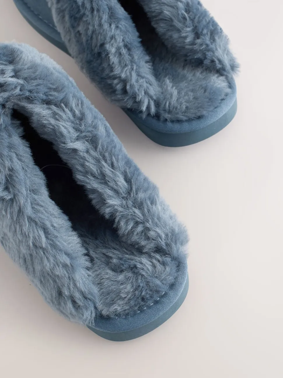 Bleu Denim - Chaussons mules en daim doublés de fausse fourrure