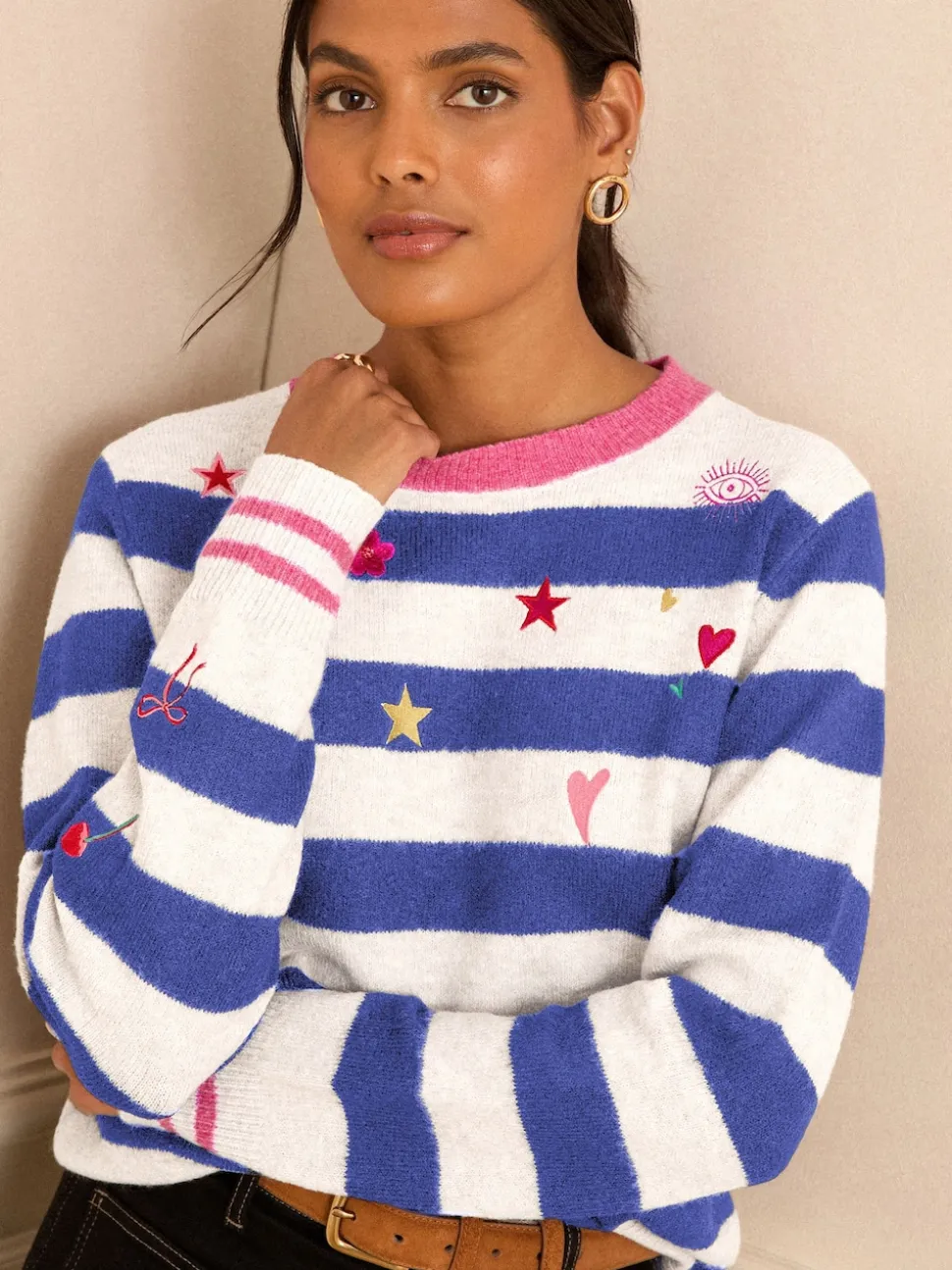 Bleu et ivoire - Pull brodé à rayures Love & Roses