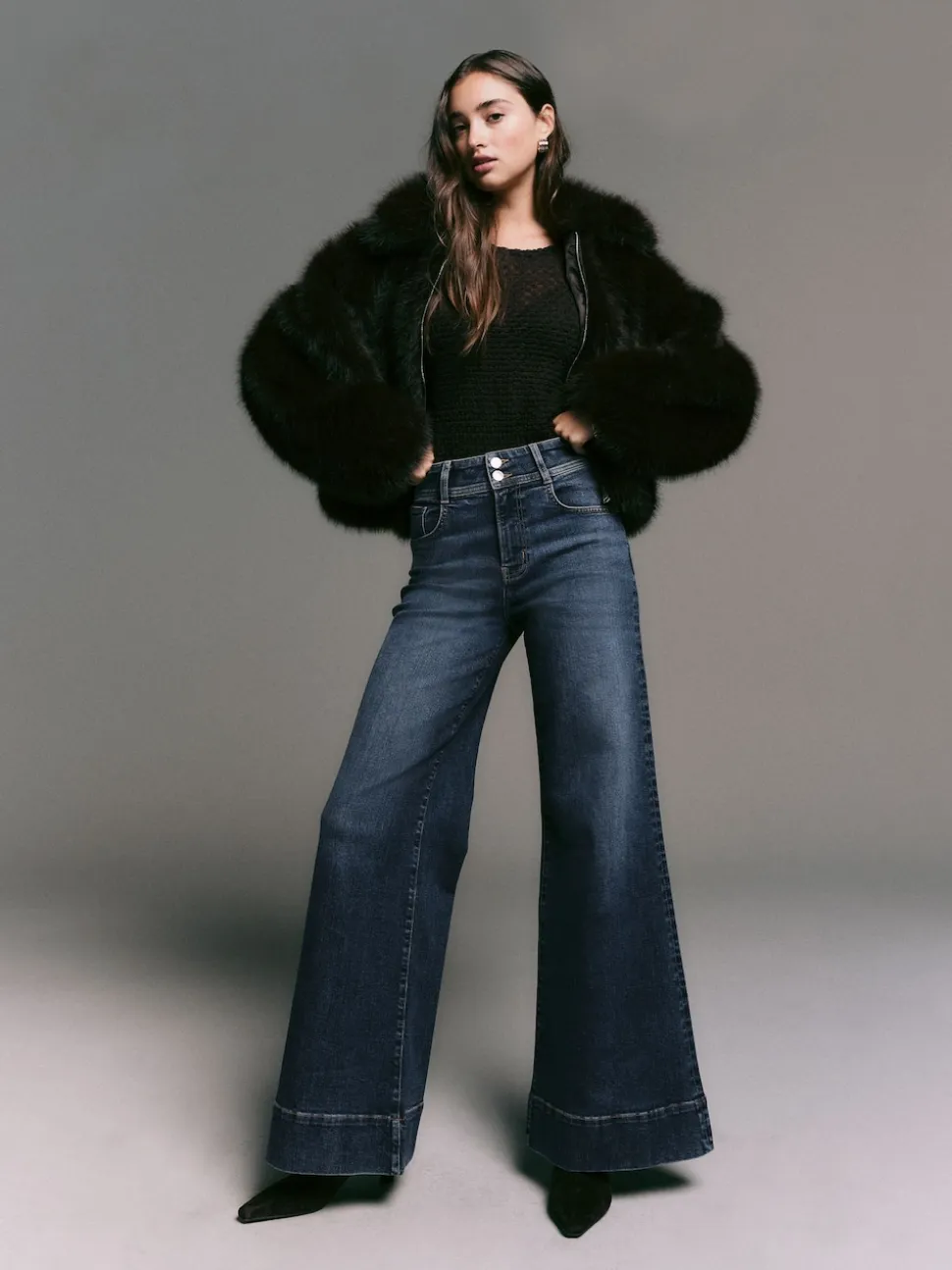 bleu foncé - Jean extensible Ample taille haute