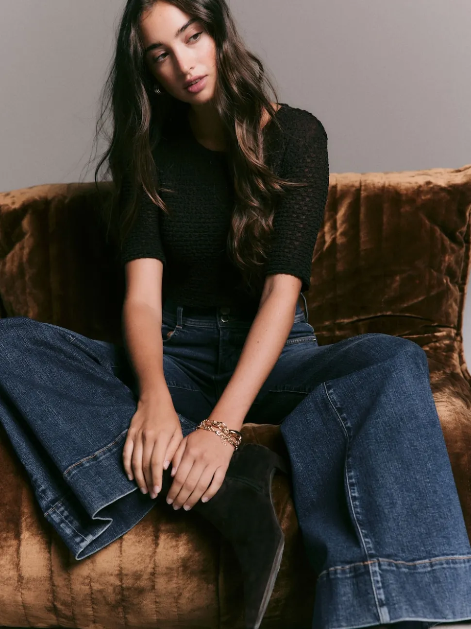 bleu foncé - Jean extensible Ample taille haute