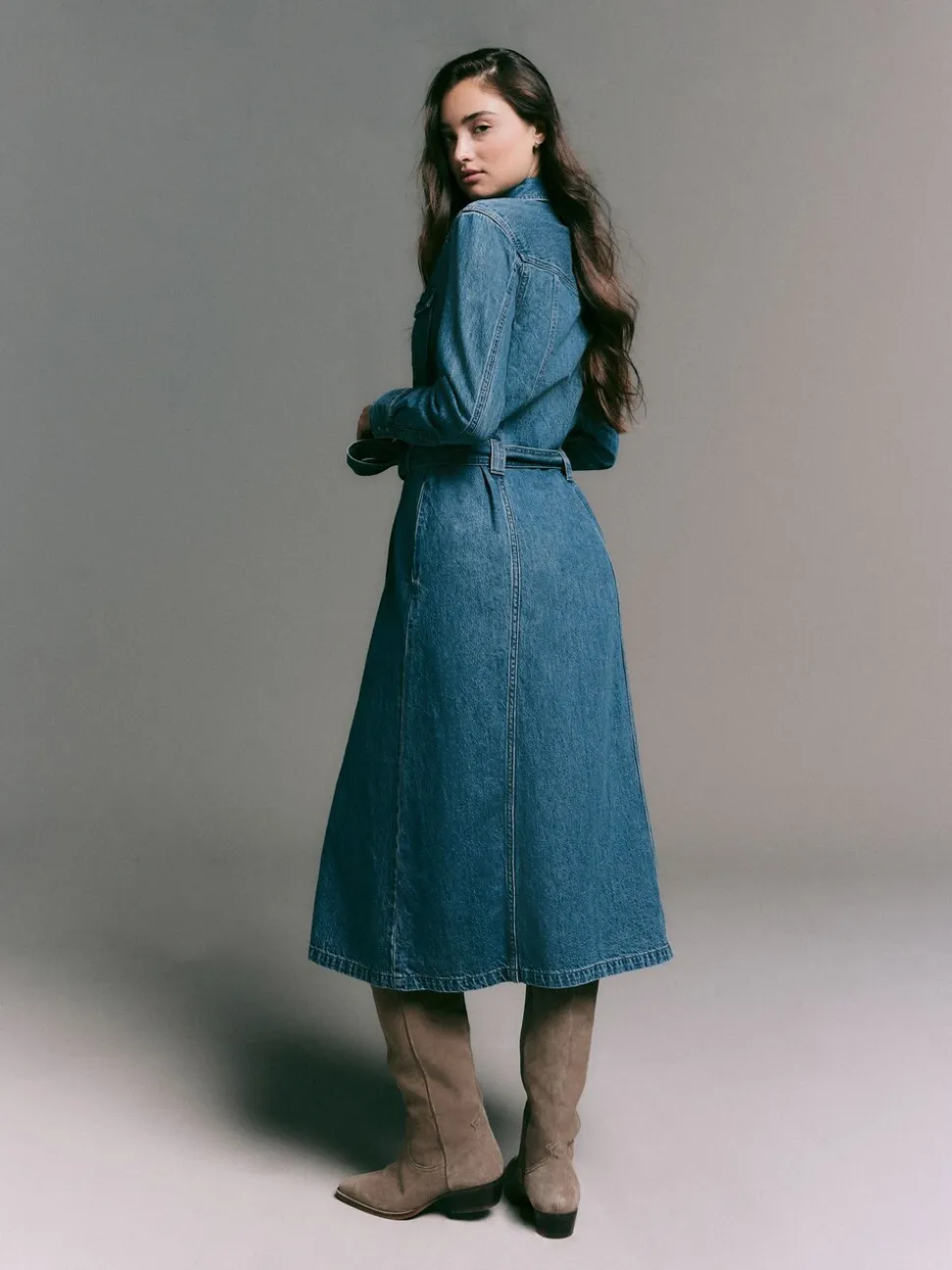 bleu foncé - Robe chemise mi-longue en jean