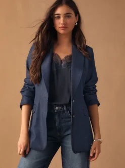 Bleu marine - Blazer ajusté à simple boutonnage look Denim