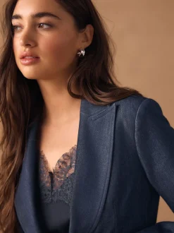 Bleu marine - Blazer ajusté à simple boutonnage look Denim