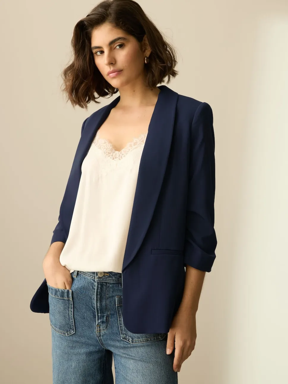 Bleu marine - Blazer décontracté à manches froncées