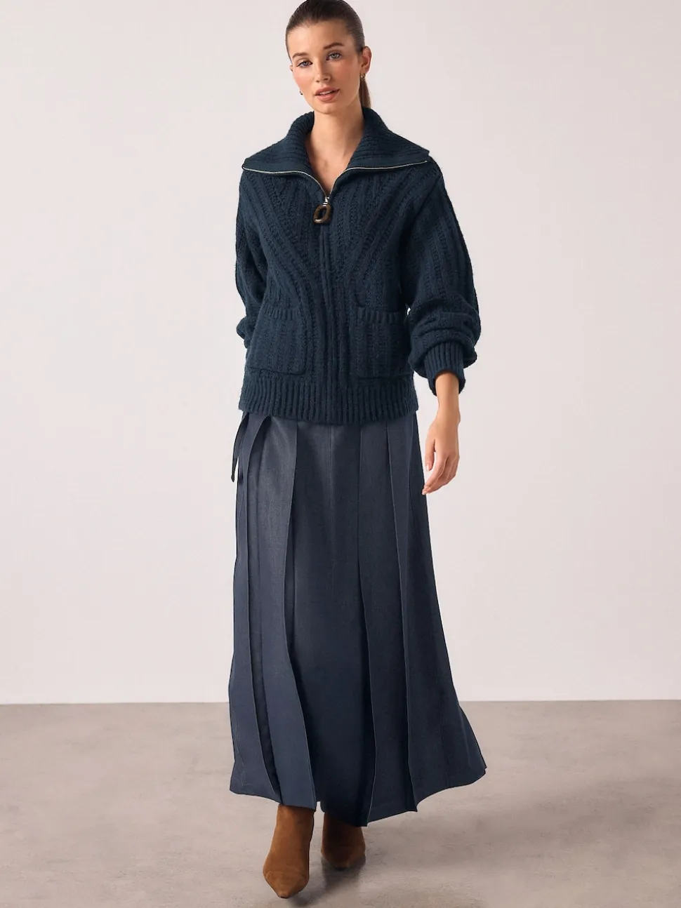 Bleu marine - Cardigan à col zippé en maille surpiquée