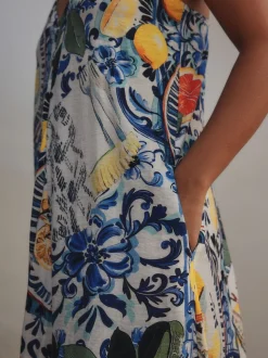 Bleu marine à fleurs - Robe longue Imprimé fruits volume