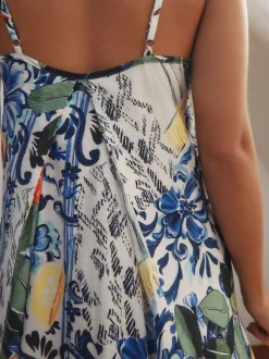 Bleu marine à fleurs - Robe longue Imprimé fruits volume
