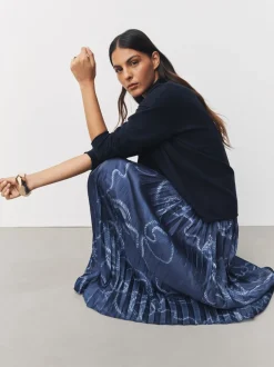 Bleu marine à imprimé nautique - Pull 2-en-1 en maille avec jupe mi-longue plissée