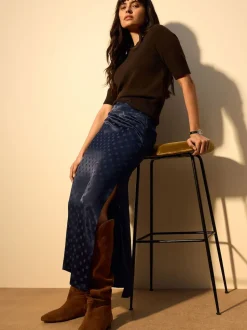 Bleu marine - Jupe en satin jacquard à pois